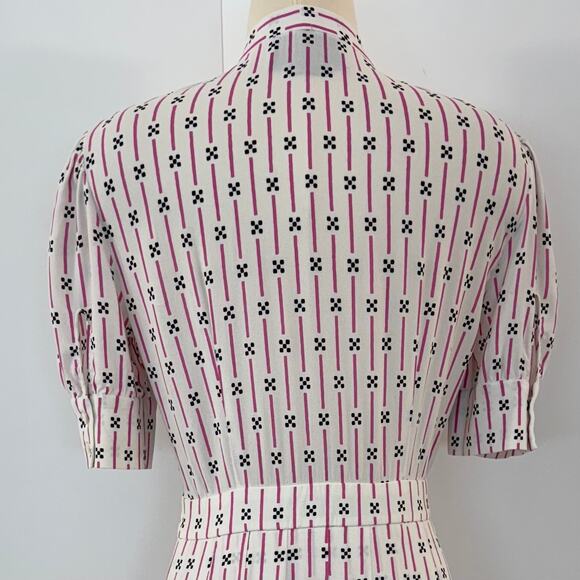 Prada Short-Sleeve Pleated Dress Knee-Length White Pink Striped Print 40 (US 4) - Picture 9 of 16